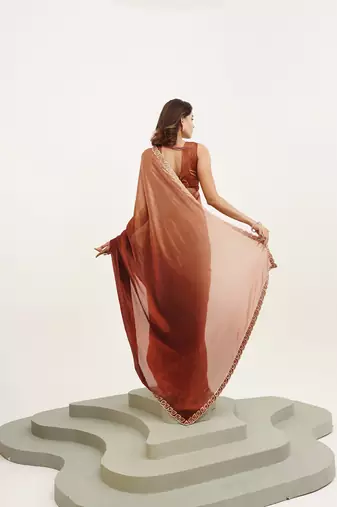 Rust satin embellished beads and stones work fancy saree