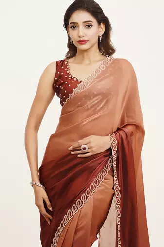 Rust satin embellished beads and stones work fancy saree