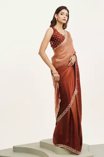 Rust satin embellished beads and stones work fancy saree