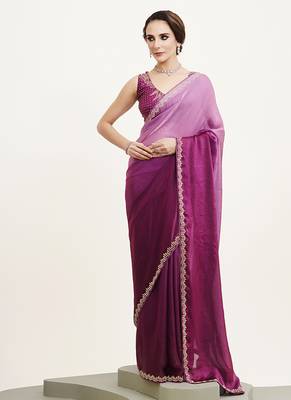 Purple satin embellished beads and stones work fancy saree 1