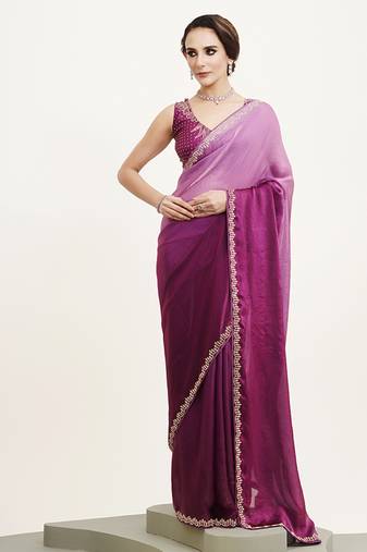 Purple color satin fabric embellished beads and stones work fancy saree