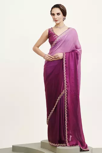 Purple color satin fabric embellished beads and stones work fancy saree
