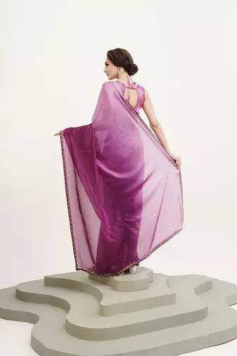 Purple satin embellished beads and stones work fancy saree