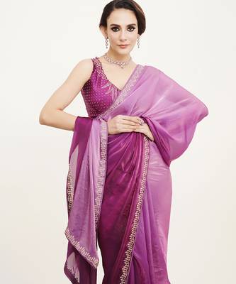 Purple satin embellished beads and stones work fancy saree 3
