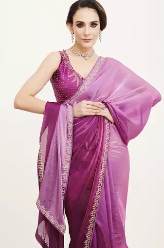 Purple satin embellished beads and stones work fancy saree