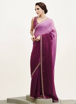 Purple satin embellished beads and stones work fancy saree 4