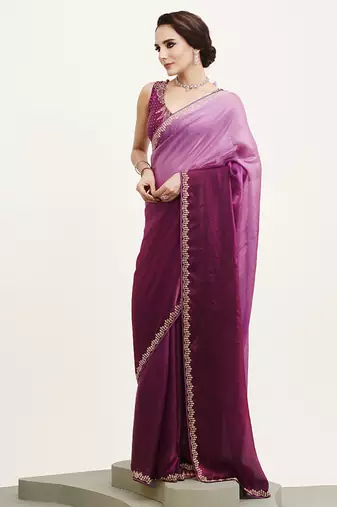 Purple satin embellished beads and stones work fancy saree