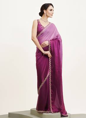 Purple satin embellished beads and stones work fancy saree 5