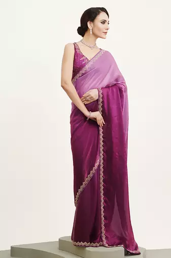 Purple satin embellished beads and stones work fancy saree