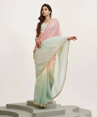 Pink tissue embellished sequinned work fancy saree 4