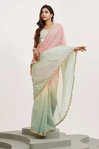 Pink tissue embellished sequinned work fancy saree