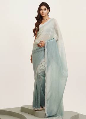 Turquoise blue tissue embellished beads and stones work fancy saree 1