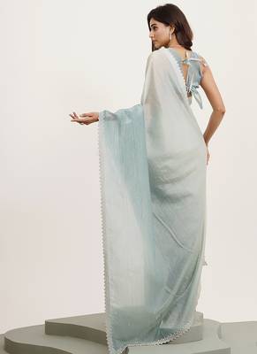 Turquoise blue tissue embellished beads and stones work fancy saree 2