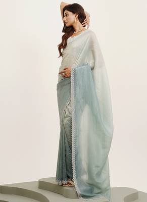 Turquoise blue tissue embellished beads and stones work fancy saree 3