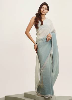 Turquoise blue tissue embellished beads and stones work fancy saree 4