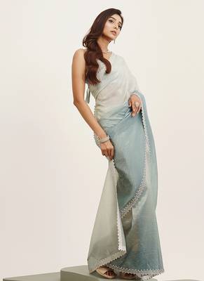 Turquoise blue tissue embellished beads and stones work fancy saree 5