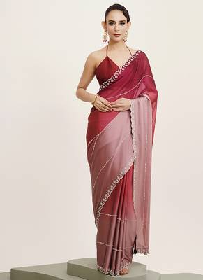 Pink chiffon embellished beads and stones work fancy saree 1