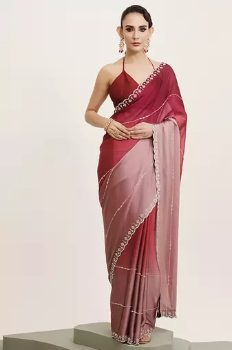 Pink color chiffon fabric embellished beads and stones work fancy saree