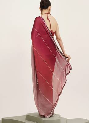 Pink chiffon embellished beads and stones work fancy saree 2