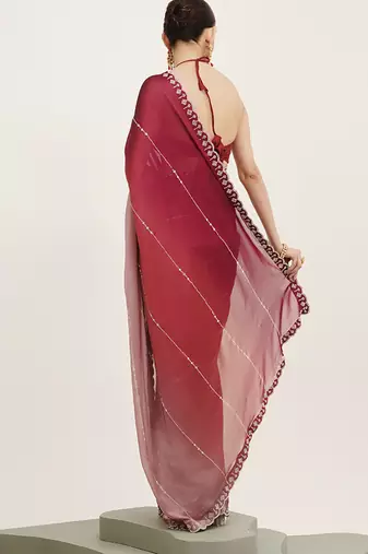 Pink chiffon embellished beads and stones work fancy saree