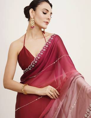 Pink chiffon embellished beads and stones work fancy saree 3