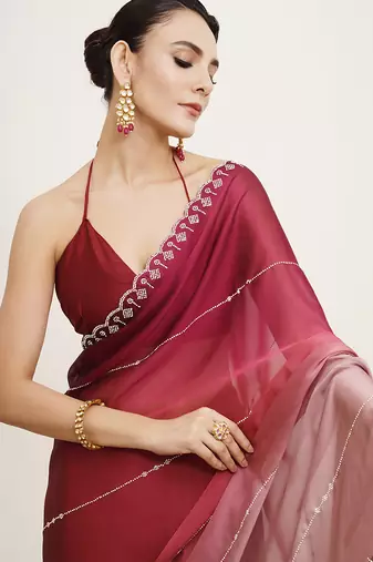 Pink chiffon embellished beads and stones work fancy saree