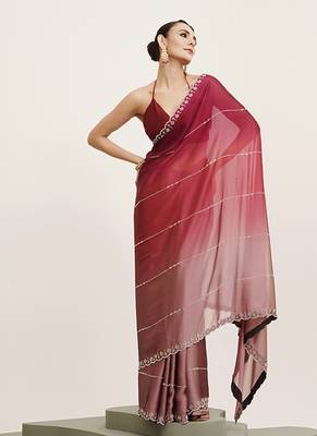 Pink chiffon embellished beads and stones work fancy saree 4