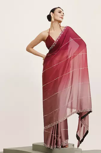 Pink chiffon embellished beads and stones work fancy saree