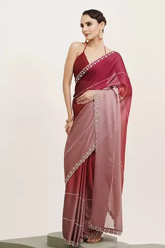 Pink chiffon embellished beads and stones work fancy saree