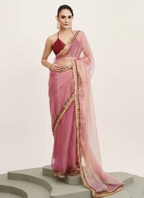 Pink tissue embellished sequinned work fancy saree 1