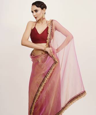 Pink tissue embellished sequinned work fancy saree 3