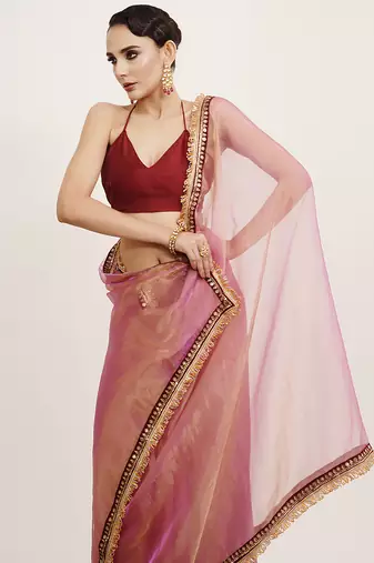 Pink tissue embellished sequinned work fancy saree