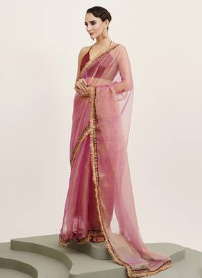 Pink tissue embellished sequinned work fancy saree 4
