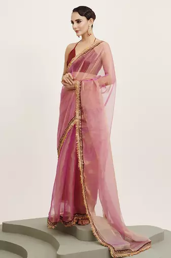 Pink tissue embellished sequinned work fancy saree