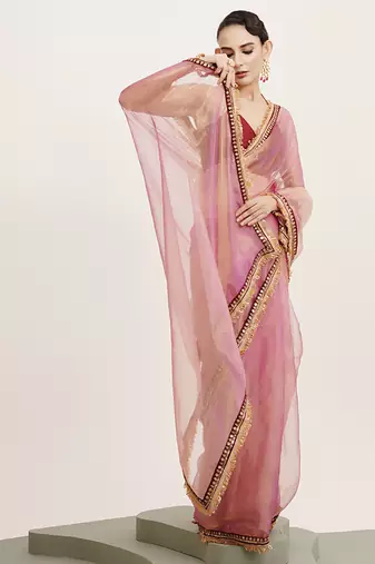 Pink tissue embellished sequinned work fancy saree