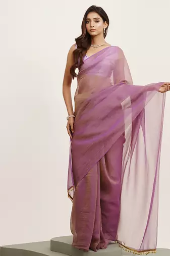 Lavender color tissue fabric solid tissue with tassels fancy saree