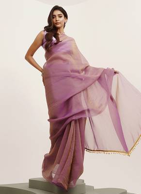 Lavender tissue solid tissue with tassels fancy saree 4