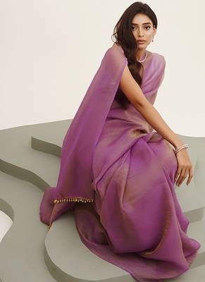 Lavender tissue solid tissue with tassels fancy saree 5