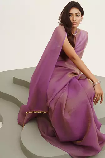 Lavender tissue solid tissue with tassels fancy saree