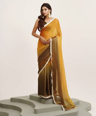 Mustard chiffon embellished sequinned work fancy saree 1