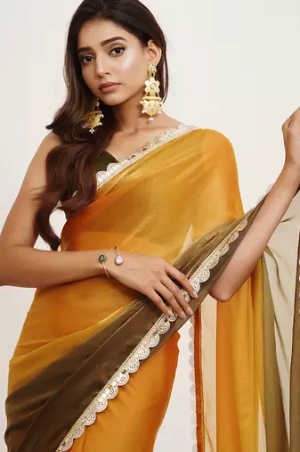 Mustard chiffon embellished sequinned work fancy saree