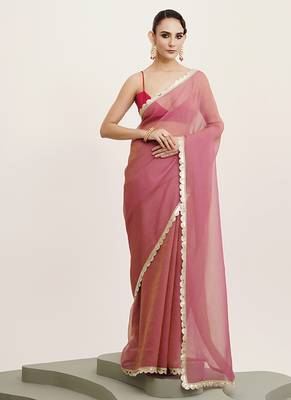 Pink tissue embellished sequinned work fancy saree 1