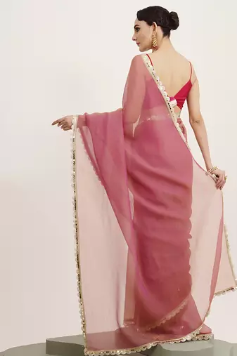 Pink tissue embellished sequinned work fancy saree