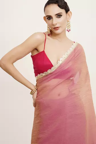 Pink tissue embellished sequinned work fancy saree