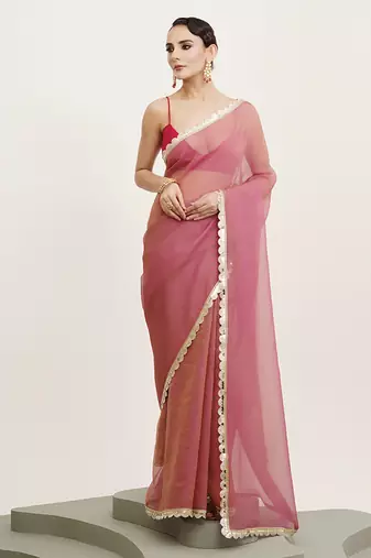 Pink tissue embellished sequinned work fancy saree