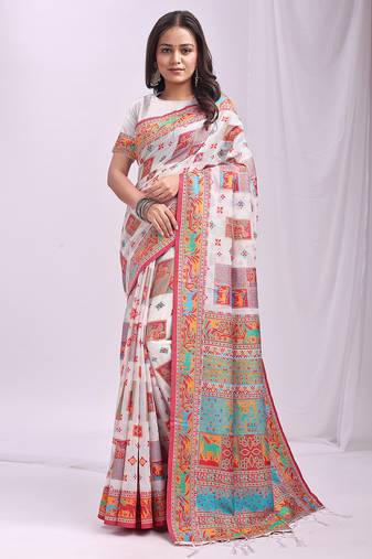 thread Woven white linen cotton saree