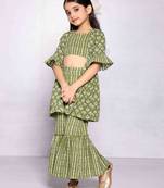 Green Geometric Print 3-Piece Set for Girls: Jacket, Top, and Sharara Pants 