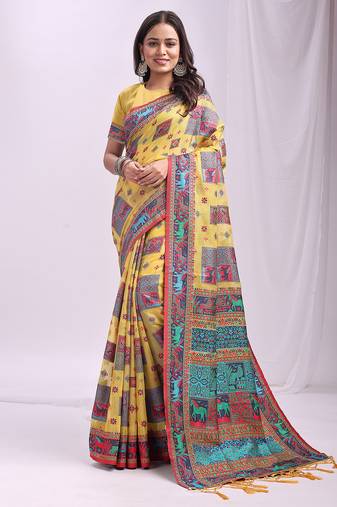 Wevon thread designer yellow color linen cotton fabric traditional rich looks saree