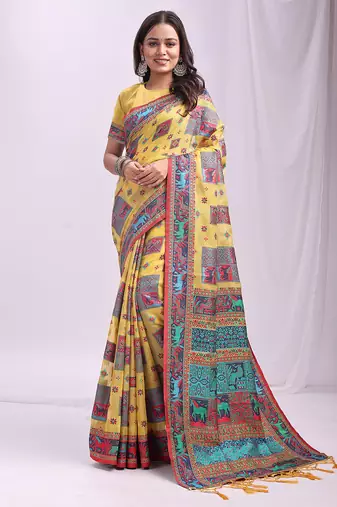 Wevon thread designer yellow color linen cotton fabric traditional rich looks saree