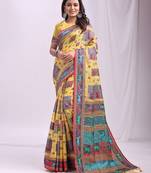Wevon thread yellow color linen cotton fabric traditional rich looks saree